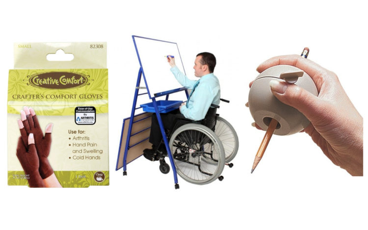 Crafting gloves, accessible easel for wheelchair users and hand aid ball-shaped grip to hold pencils