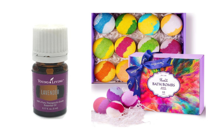 Bottle of lavender essential oil and colorful bath bomb set