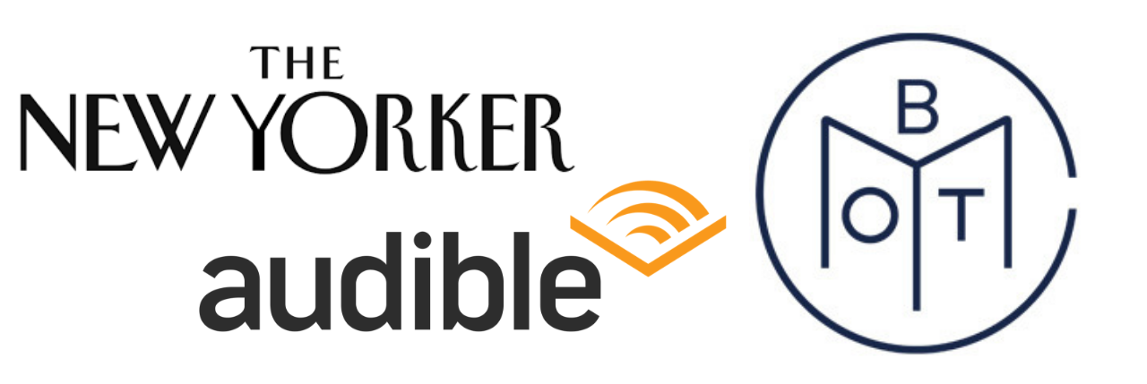 the new yorker, audible, and book of the month logos