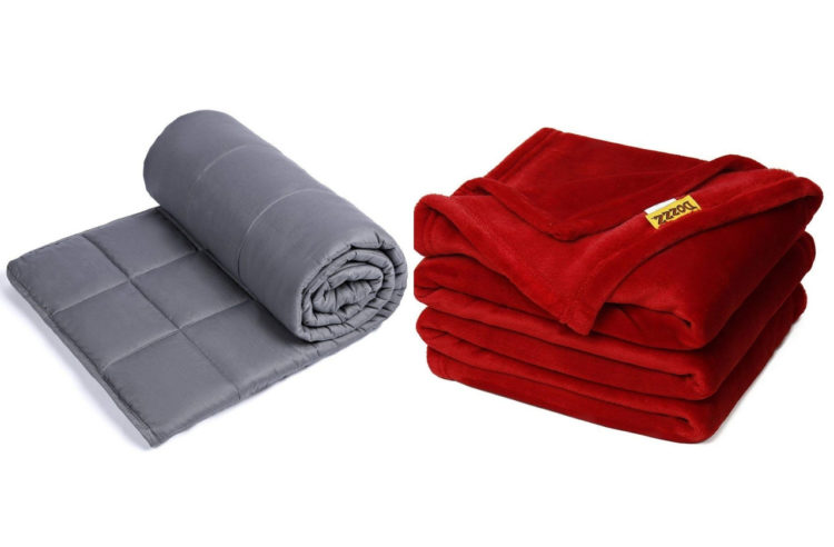Gray weighted blanket and red fuzzy blanket