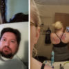 man in bed and woman selfie of back through mirror
