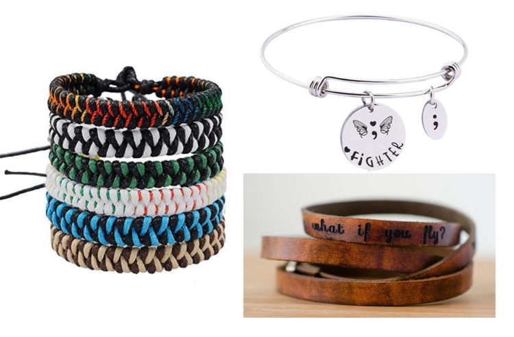 Stack of colorful friendship bracelets, semicolon bangle bracelet and leather cuff bracelet with quote