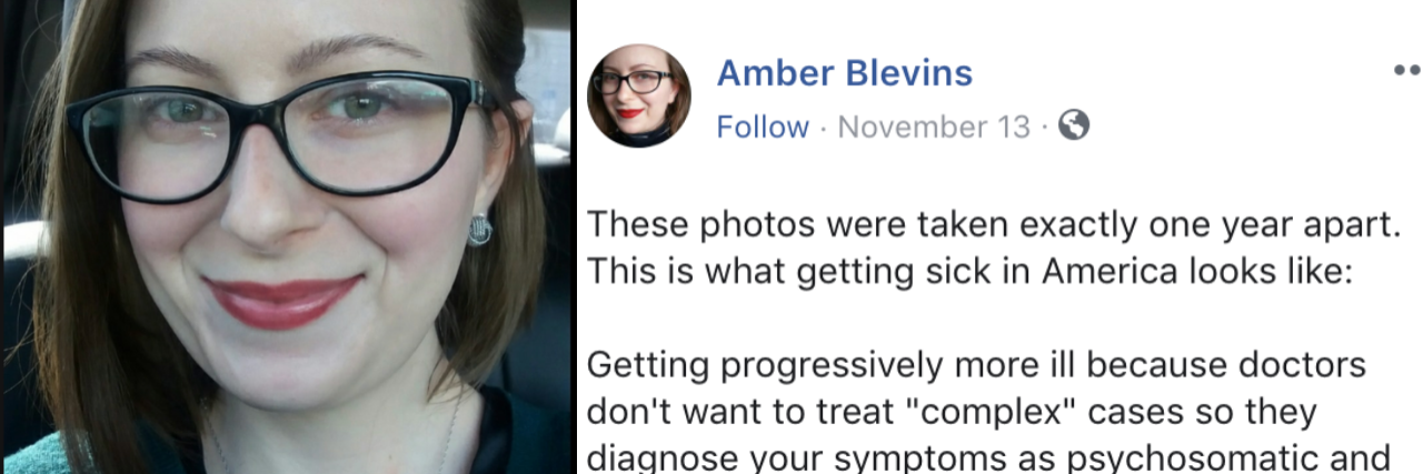 Amber Blevins Shares Facebook Post Showing the Toll of Chronic Illness Amber Blevins photo next to facebook post excerpt