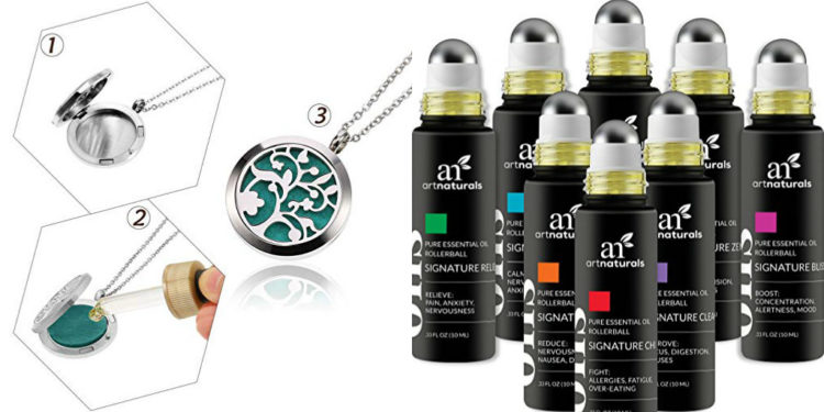 essential oil necklace and rollerballs