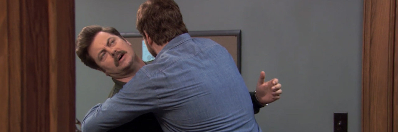14 Memes That Describe What It's Like When Hugging Is Painful ron swanson swerving to avoid a hug