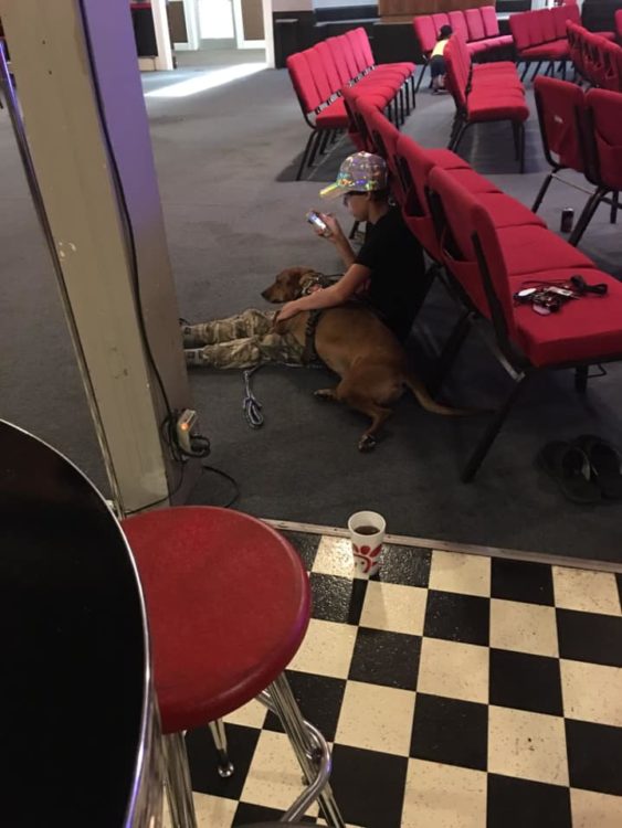 woman sitting on floor with service dog in a big room with rows of chairs