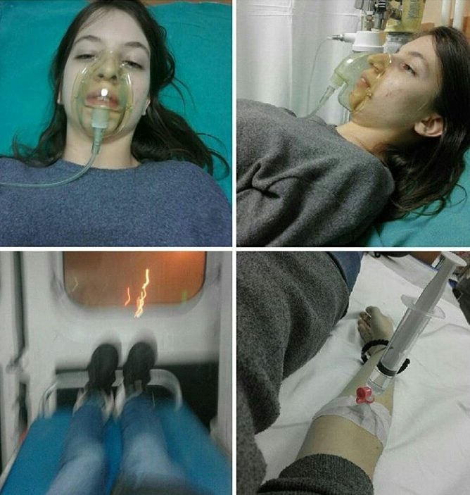 four photos of woman in hospital, wearing breathing mask, with iv in arm