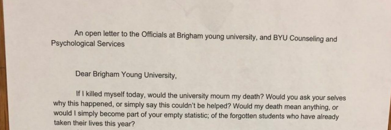 BYU Student Pens Letter on Lack of Mental Health Resources on Campus Cropped portion of anonymous letter