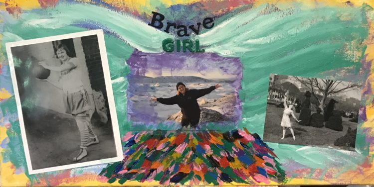 A collage including a portrait of the author with the words, Brave Girl