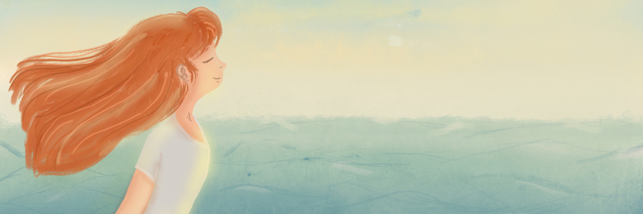 How I Mourn My Former Self and Plan for the Future With Endometriosis Digital hand painted illustration with relaxed and happy girl looking sea