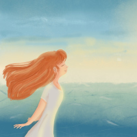 Digital hand painted illustration with relaxed and happy girl looking sea