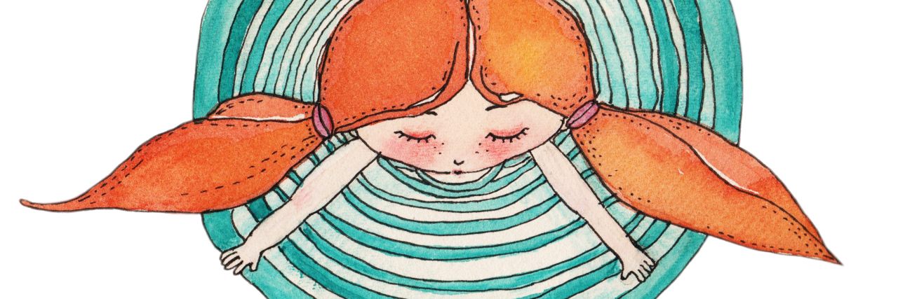 illustration of girl with orange pigtails in the center of turquoise concentric circles