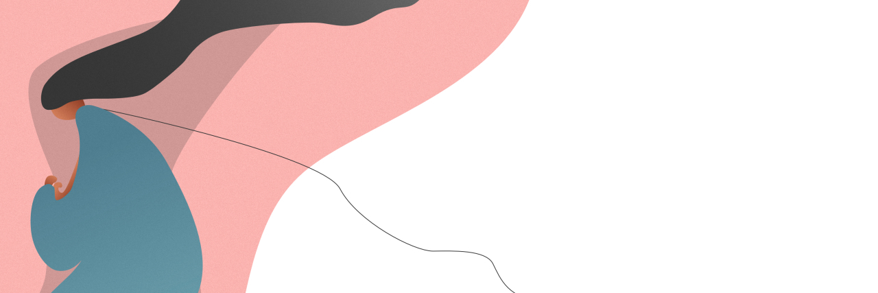 Going Through the Stages of Grief After Chronic Illness Diagnoses illustration of woman wearing a blue nightgown and curled up