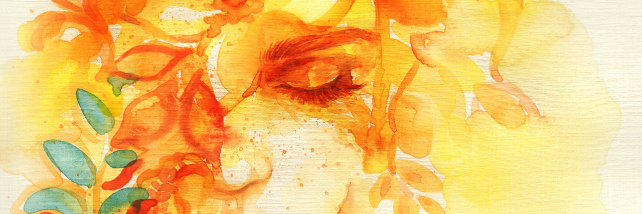 Criticized for Being 'Too Positive,' 'Too Negative' With Fibromyalgia illustration of woman surrounded by yellow and orange flowers above, and blue flowers below