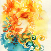 illustration of woman surrounded by yellow and orange flowers above, and blue flowers below