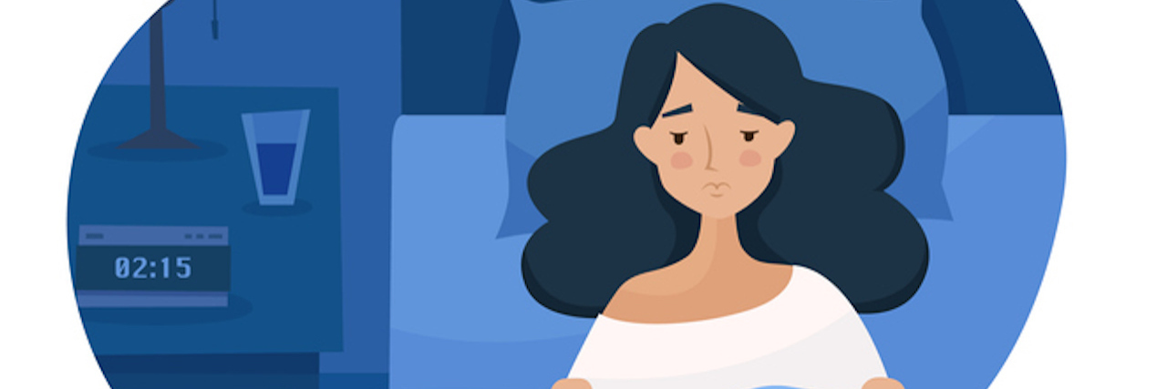 Tips That Help People With Anxiety Fall Asleep Sleepless girl suffers from insomnia. Woman in bed with open eyes in darkness night room. Flat cartoon style vector illustration.