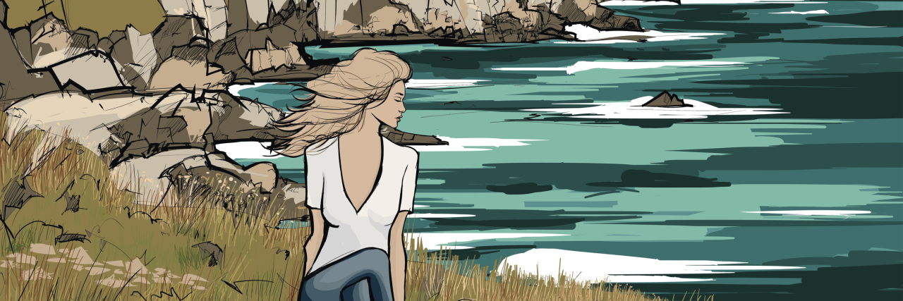 I Got Sick After Ulcerative Colitis Remission. Here's What I Learned. woman seated on the ground looking at the ocean - vector illustration