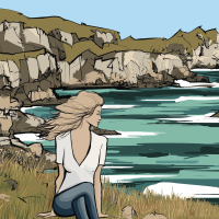 woman seated on the ground looking at the ocean - vector illustration