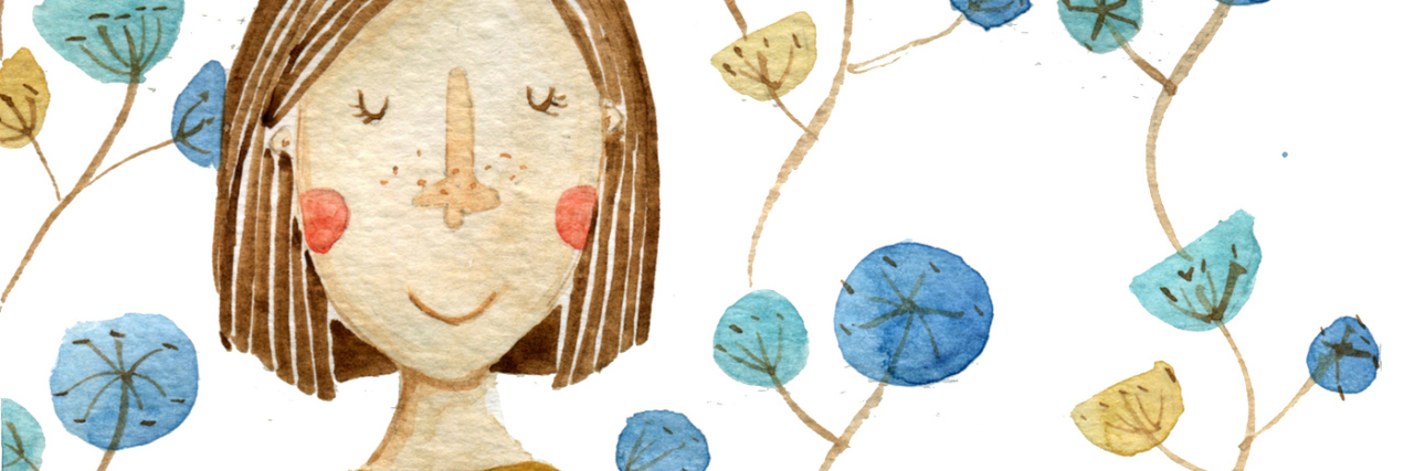 Learning to Love My Body With POTS, Even When It Betrays Me illustration of woman with short hair smiling. there are blue flowers around her