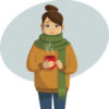 illustration of a woman wearing a sweater and a scarf, holding a cup of coffee, and frowning