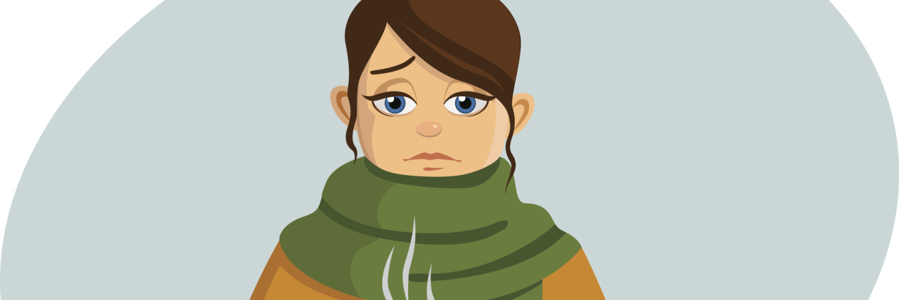 illustration of a woman wearing a sweater and a scarf, holding a cup of coffee, and frowning