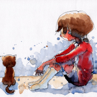 watercolor illustration of girl sitting with her cat, handmade treditional artwork scaned