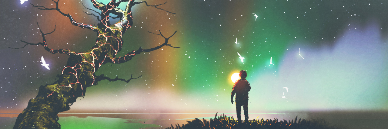 night scenery of the boy with the light ball looking at fantasy tree, digital art style, illustration painting