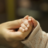 Close up of child holding on to mother's hand
