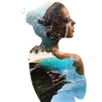 Silhouette of a woman combined with a rocky coast and sea. Double exposure.