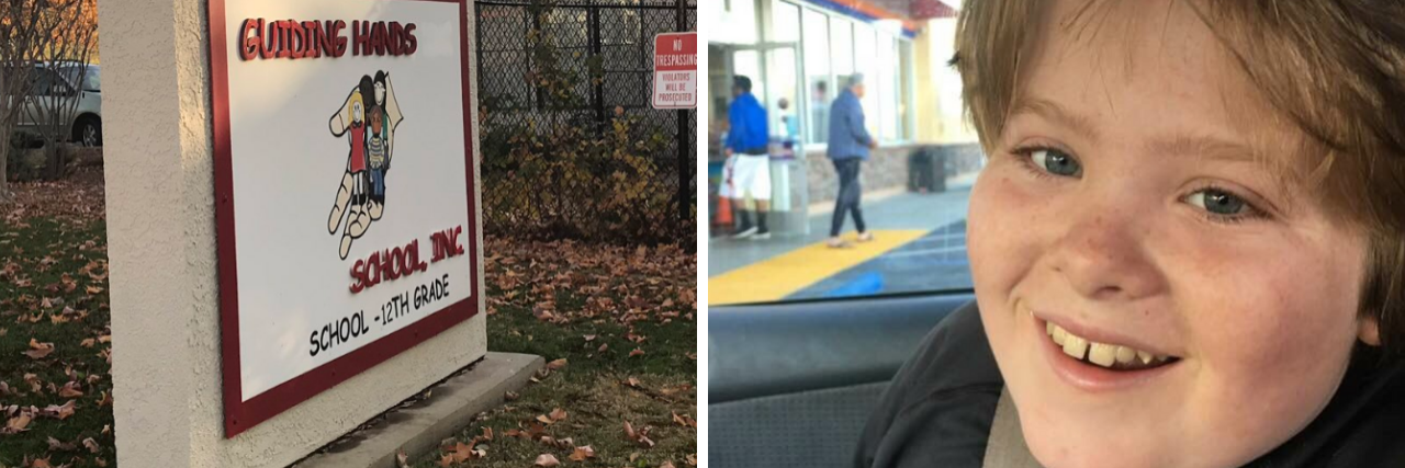 Autistic Student Dies After School Violated Policies Restraining Him Guiding Hands School outside sign; photo of Max Benson smiling in car