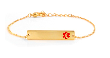 gold bracelet with thin chain and gold bar for medical info