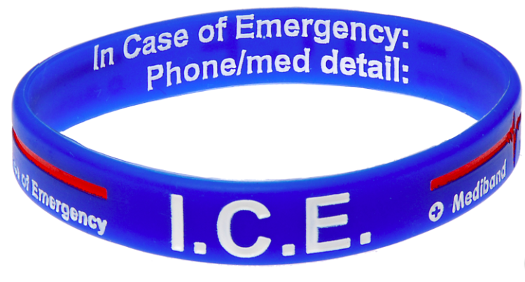 blue rubber bracelet with in case of emergency information