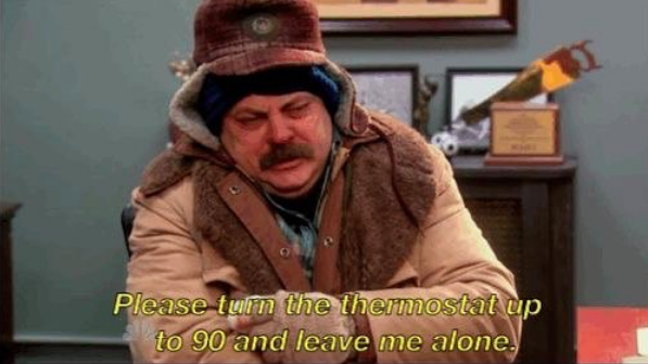 ron swanson saying "please turn the thermostat up to 90 and leave me alone"