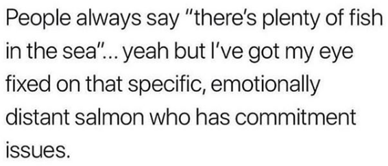 people always say "there's plenty of fish in the sea" but I've got my eye on an emotionally unavailable salmon"