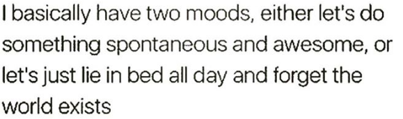 I basically have two moods: be spontaneous or stay in bed all day and night meme