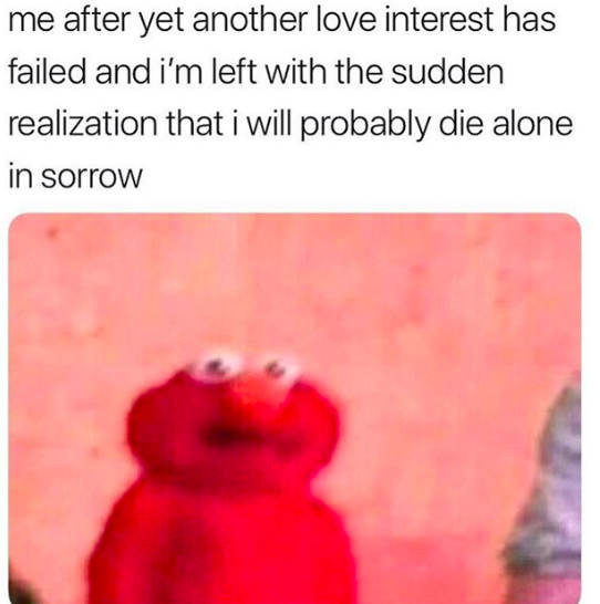 Me after yet anither love interest has failed and I'm alone meme