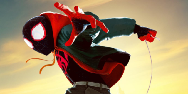Spider-Man: Into the Spider-Verse poster with Spider-Man jumping in the air.