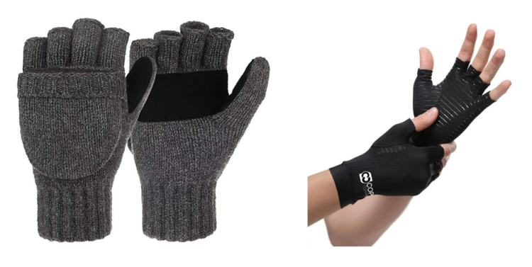 fingerless wool flip gloves/mittens and fingerless compression gloves