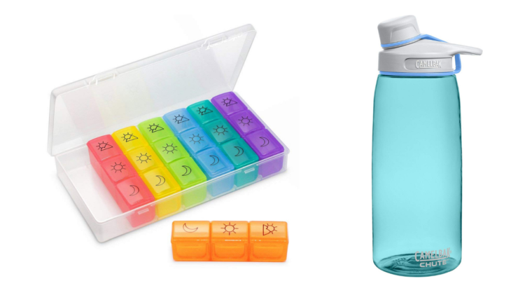 pill organizer and camelbak water bottle