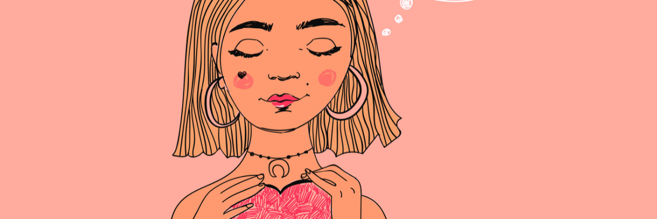 Falling in Love With Myself After Years of Battling Chronic Illness illustration of a woman closing her eyes and holding a heart