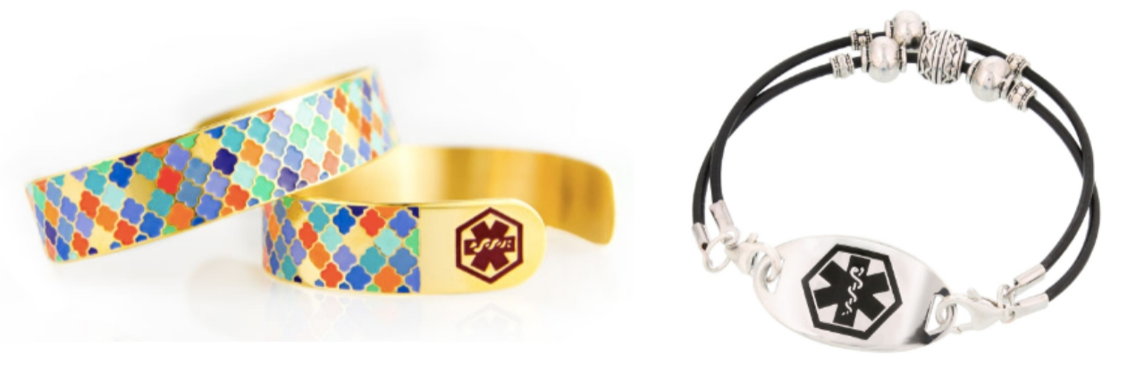 multicolored gold bangle bracelet and black cord bracelet
