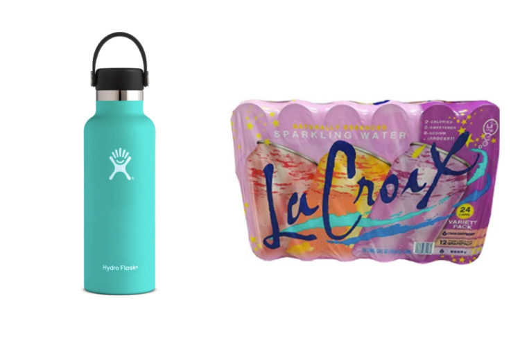 teal water bottle and package of la croix drinks
