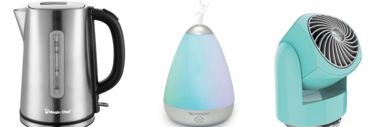13 Things to Keep on a Nightstand for Chronic Pain electric kettle, essential oil diffuser and mini fan