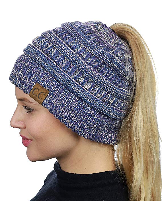 blue and purple ponytail beanie