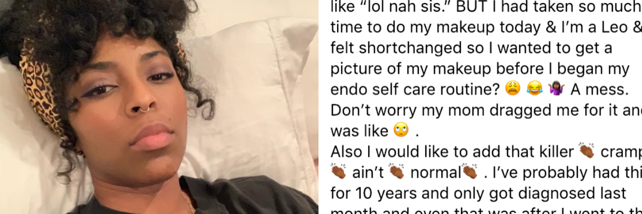 Jessica Williams Shares Endometriosis Diagnosis on Instagram Jessica williams laying in bed; screenshot of caption