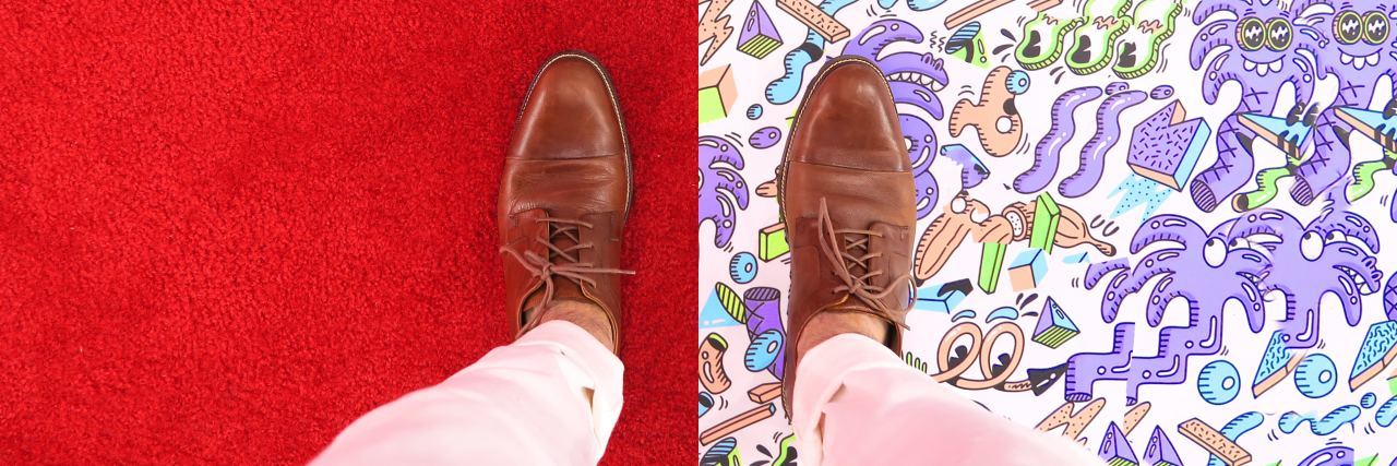 Bipolar Disorder Myths and Facts You Need to Know photo of person's standing looking down at shoes either side of floor with plain flooring on one side and vibrant on the other