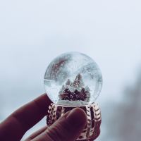 person holding snow globe against misty background
