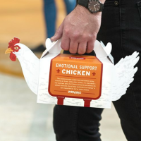 Popeyes chicken-shaped box with a man holding the handles at the top of the chicken.