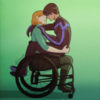 Cartoon drawing of man sitting on the lap of a woman in a wheelchair. They are kissing.