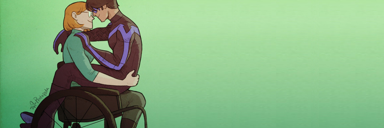 People With Disabilities Are Sexual Beings Cartoon drawing of man sitting on the lap of a woman in a wheelchair. They are kissing.